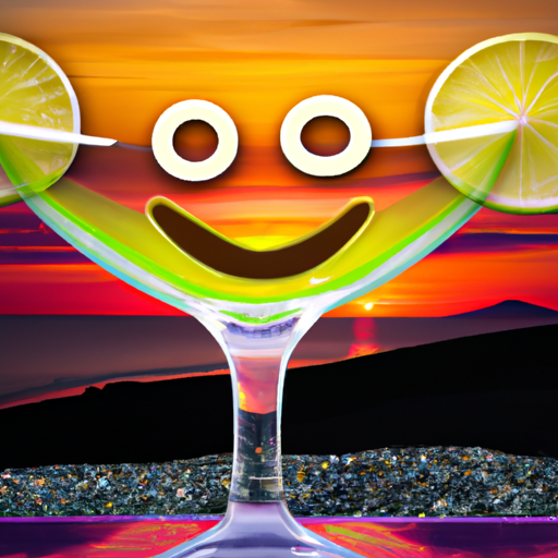 An image featuring a vibrant, tropical margarita glass with a whimsical smiley face made of lime wedges and a salted rim