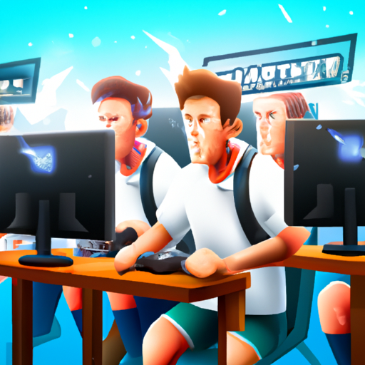 An image featuring intense gamers, huddled in front of screens, engrossed in a heated battle of FIFA, with their animated expressions reflecting the adrenaline rush of competitive online multiplayer sports games
