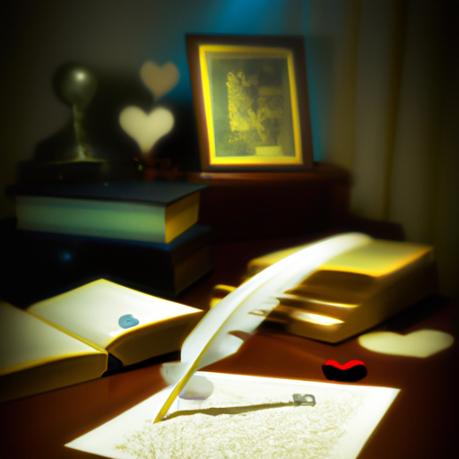 An image of a dimly lit room with a vintage desk adorned with a quill pen, scattered love letters, and a worn book of classic love poems, capturing the essence of timeless romance