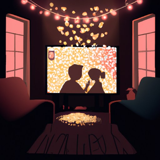 An image of a cozy living room, adorned with twinkling fairy lights and strewn with rose petals