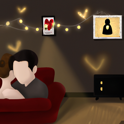 An image featuring a couple cuddling on a cozy couch, surrounded by flickering candlelight, with a heart-shaped shadow cast on the wall by a projector streaming classic romance movies from Netflix
