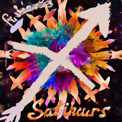 An image showcasing a vibrant and fiery Sagittarius symbol, surrounded by a constellation of comical arrows representing hilarious Sagittarius traits, such as wanderlust, optimism, and a love for adventure