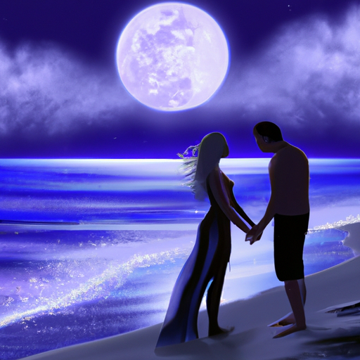 An image depicting a couple standing on a moonlit beach, gazing deeply into each other's eyes