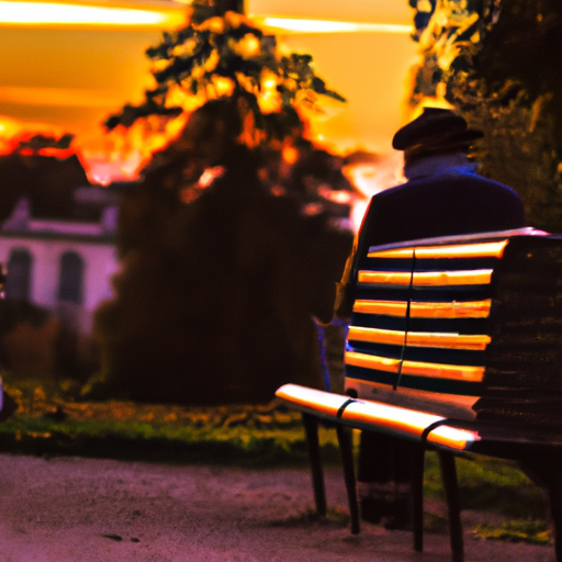 An image of a solitary figure sitting on a park bench, their face bathed in golden hour light, as they gaze at a fading sunset