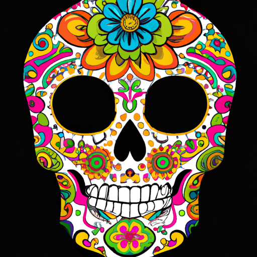 An image showcasing a vibrant sugar skull tattoo design, intricately decorated with colorful flowers and ornate patterns