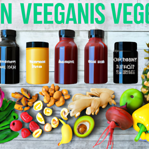 An image showcasing a vibrant assortment of nutrient-rich vegan foods, alongside a colorful array of plant-based vitamin bottles and supplements, highlighting the essential elements for a nourishing and balanced vegan lifestyle