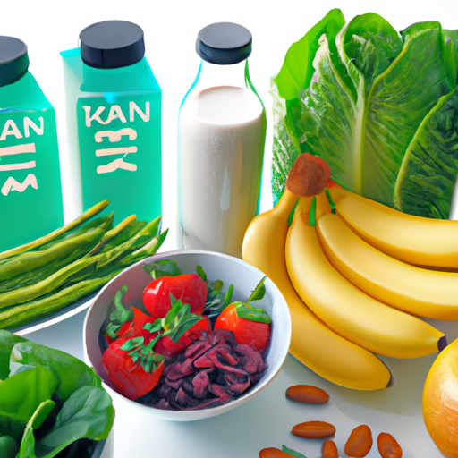 An image showcasing a vibrant assortment of nutrient-packed vegan foods, such as leafy greens, legumes, fortified plant-based milk, and colorful fruits
