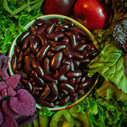 An image showcasing a gleaming bowl of dark leafy greens atop a bed of vibrant red kidney beans, surrounded by a variety of colorful fruits, symbolizing the rich sources of iron and calcium in a vegan diet