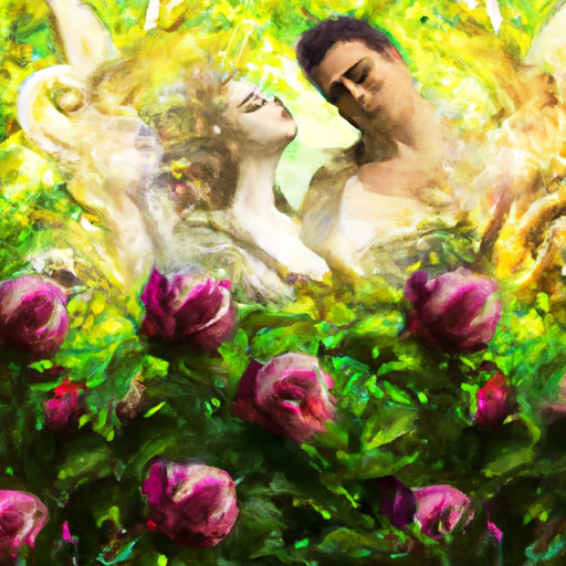 An image showcasing a whimsical garden adorned with blooming roses, where a radiant Sagittarius man is captivated by a woman's enigmatic charm