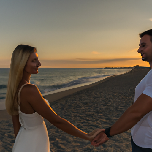An image depicting a couple strolling hand-in-hand on a sun-kissed beach at sunset, the woman looking back with a wistful smile while the man embraces her, evoking a sense of longing and intense connection