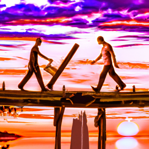 An image showcasing two individuals standing on opposite sides of a broken bridge, symbolizing the shattered trust