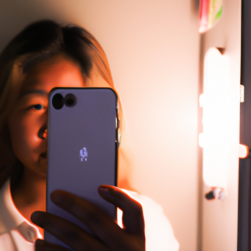 an image of a person holding an iPhone in front of a mirror, adjusting the exposure and portrait lighting settings
