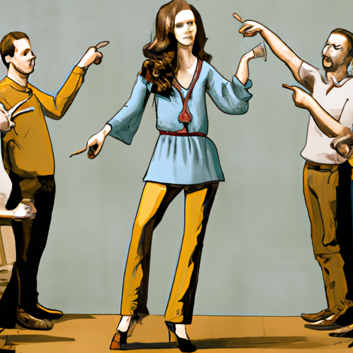 An image featuring a woman subtly directing a group of men like marionettes, using invisible strings attached to their limbs, as they unknowingly carry out her bidding in various tasks