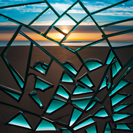 An image of a shattered mirror lying on a deserted beach at sunset