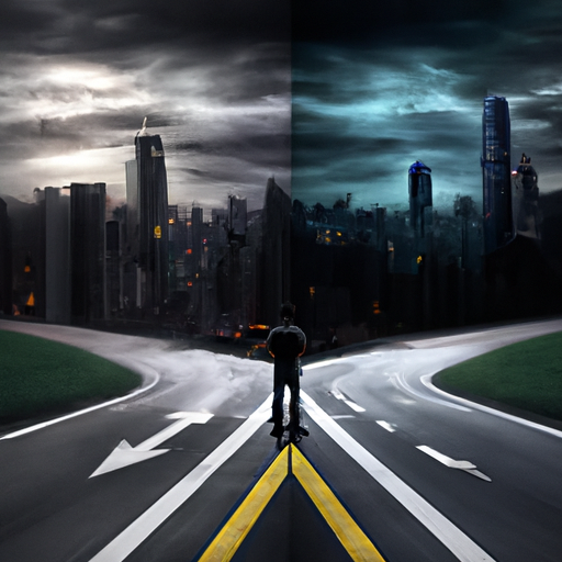 An image showcasing a person standing at a crossroads, one path leading to a vibrant cityscape symbolizing new opportunities, while the other path fades into darkness, representing missed chances