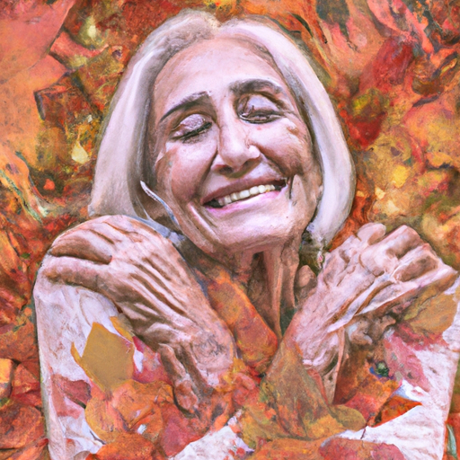 An image featuring a radiant, silver-haired woman gracefully embracing life, surrounded by vibrant autumn leaves
