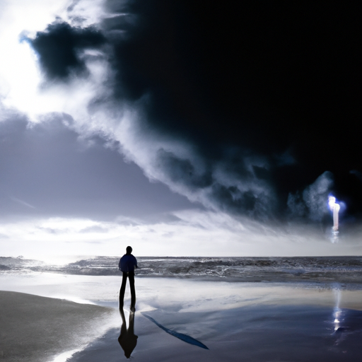 An image capturing the essence of resilience and healing after a narcissist shatters your heart: a solitary figure standing on a sunlit beach, their silhouette defiantly facing a stormy sea, symbolizing strength amidst emotional turmoil