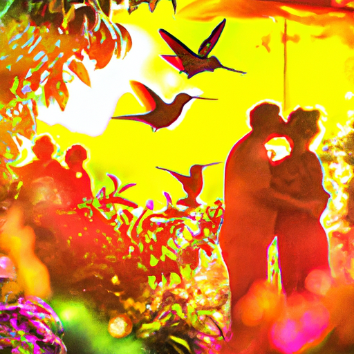 An image showcasing a blissful elderly couple passionately kissing under a vibrant sunset, surrounded by a serene garden full of blooming flowers and a playful hummingbird hovering nearby