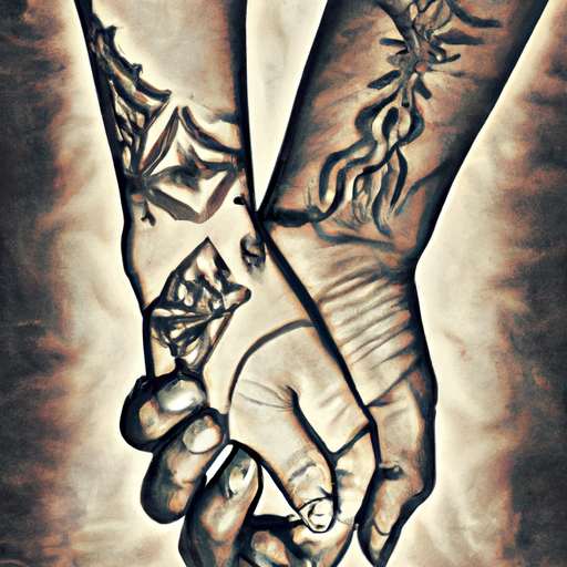 An image depicting two intertwined hands adorned with intricate matching tattoos, symbolizing the unspoken bond between soulmates