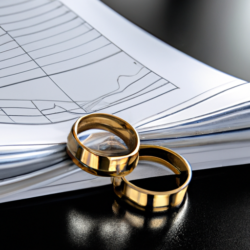 An image showcasing two intertwined golden rings resting on a stack of neatly organized financial documents, symbolizing the importance of discussing budgets, investments, and financial goals as a couple before tying the knot