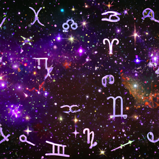 An image showcasing a vibrant celestial backdrop, adorned with twelve sparkling constellations representing the zodiac signs