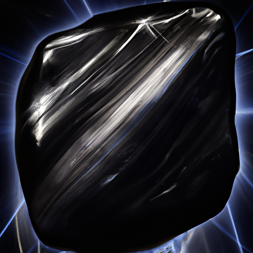 An image showcasing a mesmerizing, deep black obsidian stone, glistening with silver streaks, reflecting the starry night sky