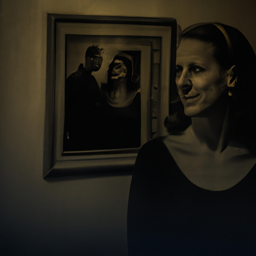 An image of a solitary woman, standing in the shadows of a dimly lit room, her face reflecting a mix of longing and sorrow, as she gazes at a framed photograph of her lover and his family