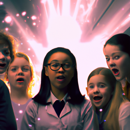 An image of a diverse group of girls, wide-eyed with wonder, surrounded by towering female scientists