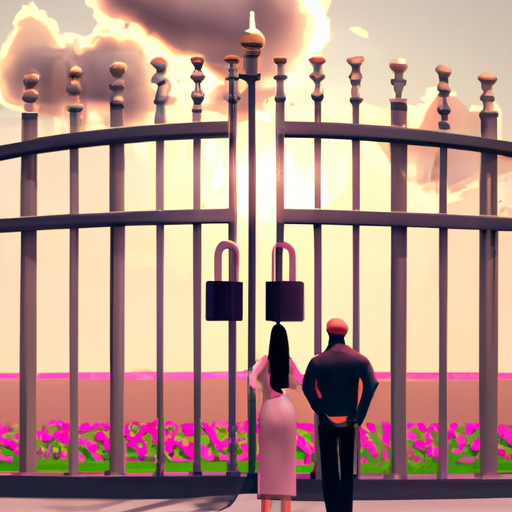 An image that depicts a couple standing in front of a beautiful, but locked, gate symbolizing the barriers that financial instability can create in relationships