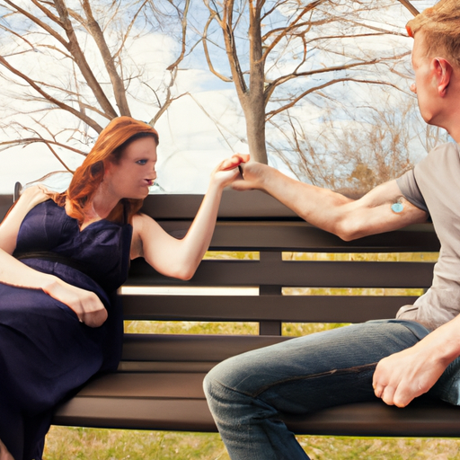 An image showcasing a couple sitting on a park bench, facing away from each other, as the man's clenched fists rest on his lap, while the woman's hand reaches towards him with a concerned expression