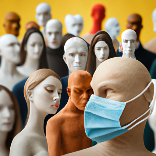 An image depicting a couple surrounded by a crowd, each person wearing a mask representing societal expectations