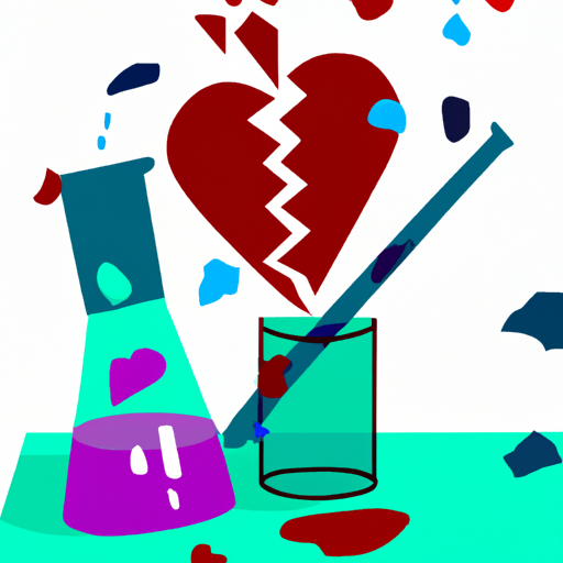 An image depicting a broken heart-shaped beaker, shattered glass and spilled chemicals symbolizing the scientific evidence that challenges monogamous relationships, emphasizing complexity and emotional turmoil