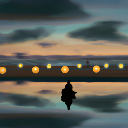 An image of a serene beach at sunset, with a solitary figure sitting cross-legged on the sand, surrounded by a circle of glowing lanterns