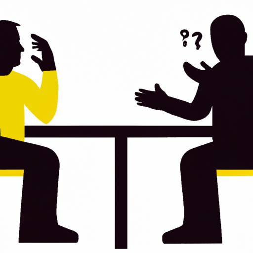 An image featuring two silhouettes sitting across from each other at a table with one person talking animatedly while the other person listens with crossed arms and a furrowed brow, portraying contrasting communication patterns