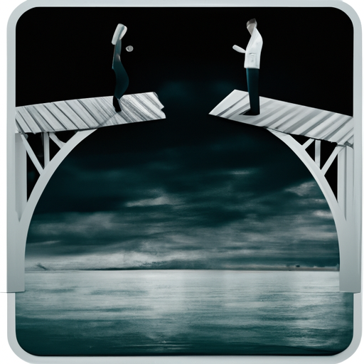 An image that depicts a couple standing on a broken bridge, one side representing trust and the other forgiveness