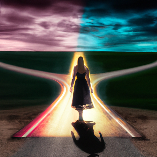 An image of a woman standing at a crossroads, one path leading to a vibrant sunset symbolizing new beginnings, the other path shrouded in darkness, with shadows of past memories lurking, highlighting the dilemma of whether to reunite with an ex