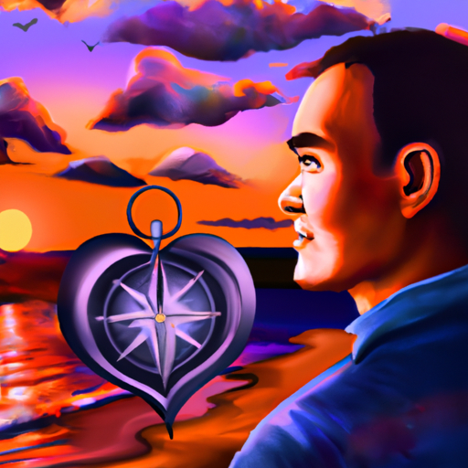 An image showcasing a man tenderly holding a heart-shaped compass, his eyes sparkling with adoration, as he gazes at a vibrant sunset, symbolizing his unwavering commitment to prioritize your happiness