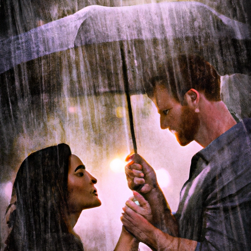 An image that captures the essence of subtle acts of kindness, showcasing a man tenderly holding an umbrella over a woman on a rainy day, his eyes gleaming with adoration as he shields her from the storm
