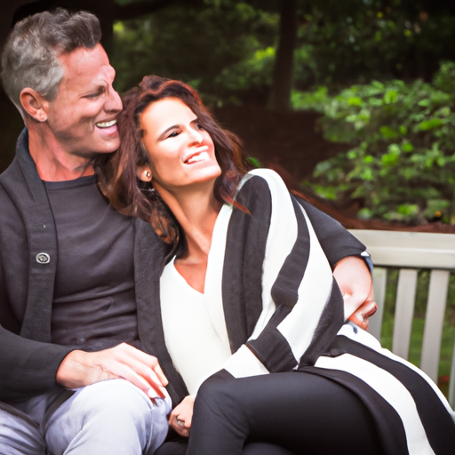 An image of a man and a woman sitting close together on a park bench, his arm softly draped around her shoulder, both wearing content smiles as they gaze into each other's eyes