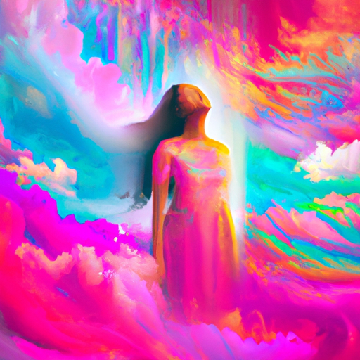 An image capturing a person surrounded by vibrant, distorted colors, their body merging with the ethereal landscape