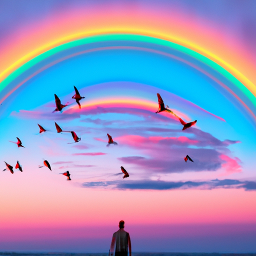 An image showcasing a person gazing at a stunning sunset, with a vibrant rainbow emerging from the horizon