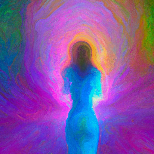 An image showcasing a solitary figure bathed in soft, ethereal light, surrounded by swirling, vibrant colors representing energy and vibrations