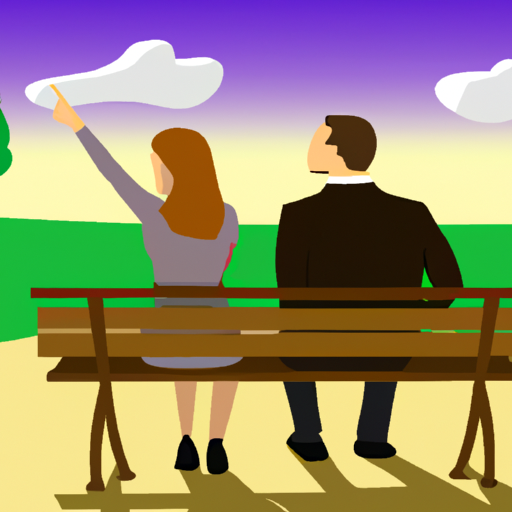 An image of a couple sitting on a park bench, the woman eagerly pointing towards a distant horizon