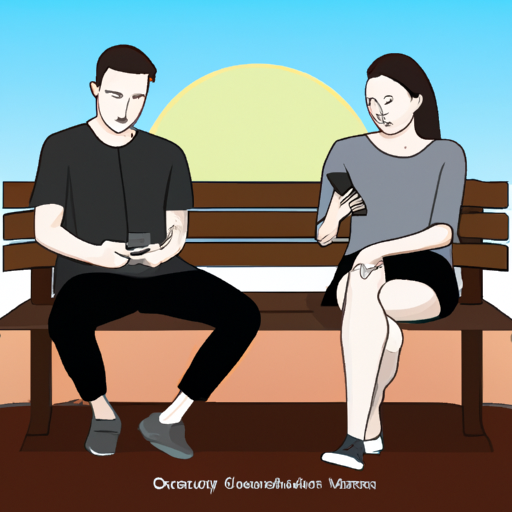 An image showing a couple sitting on a park bench, absorbed in their phones, with their body language distant and disconnected