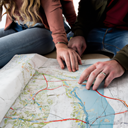 An image showcasing a couple sitting side by side on a beach, engrossed in a map, planning a road trip