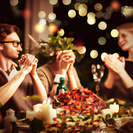 An image of a couple sitting at a festive dinner table adorned with vibrant autumn leaves, surrounded by smiling family and friends