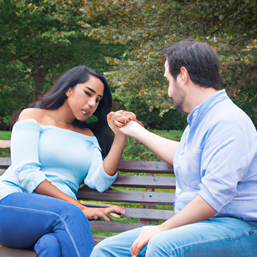 An image capturing a couple sitting on a park bench, facing each other, their eyes locked in intense conversation, as he tenderly holds her hand, revealing his vulnerability and emotional openness