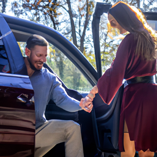 An image capturing a man holding the door open for his partner, assisting her into a car while smiling warmly
