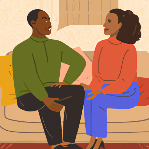 An image showcasing a couple sitting face to face on a cozy couch, engaged in deep conversation