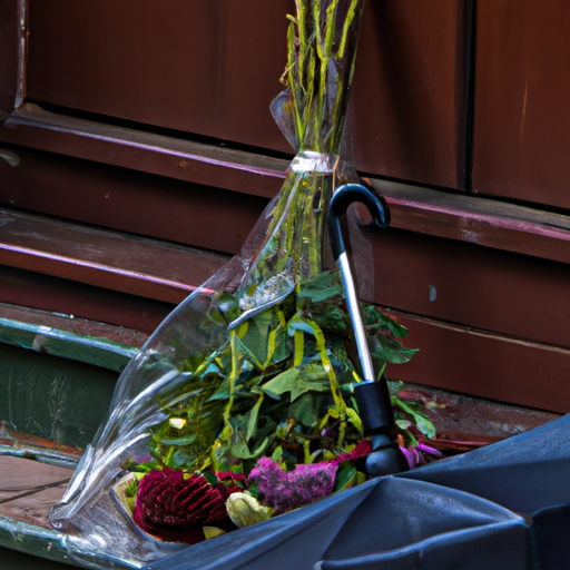 An image depicting a disheveled bouquet of wilted flowers, abandoned on a doorstep alongside a forgotten umbrella, symbolizing the inconsistent and flaky behavior of a man who is not interested